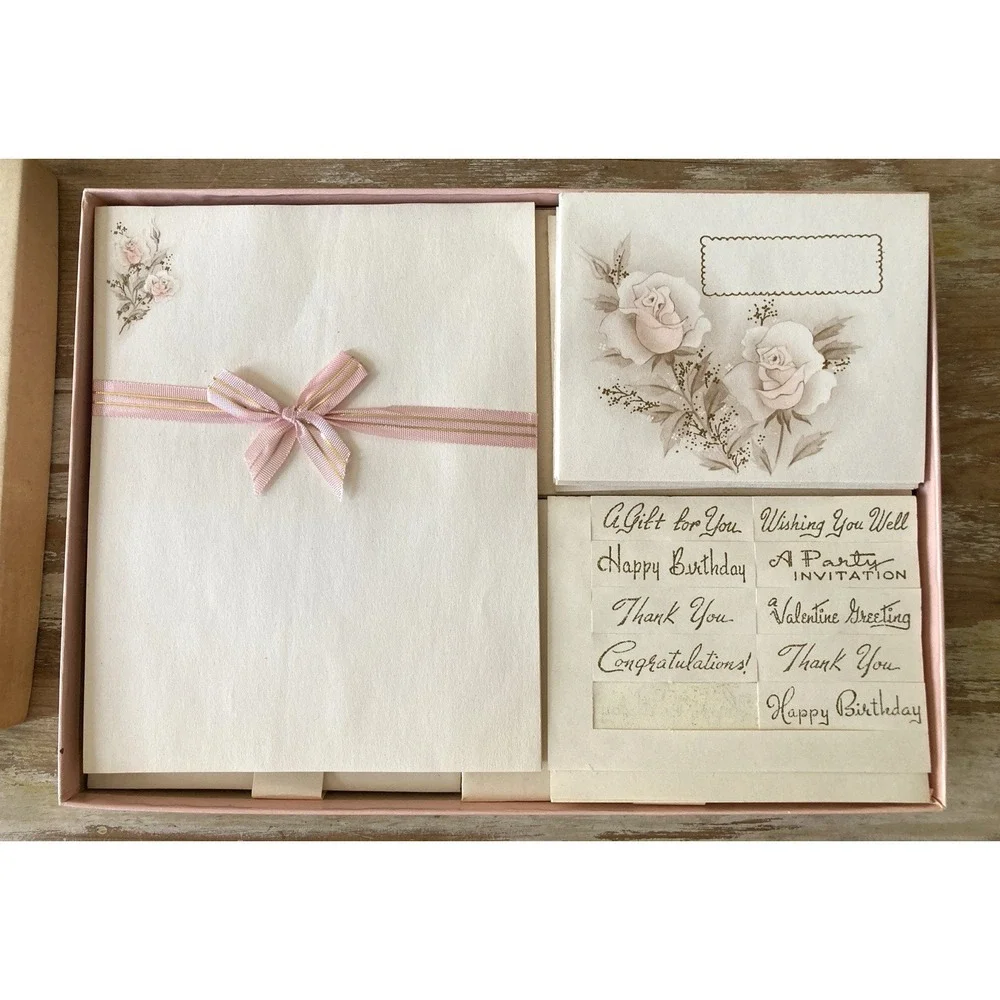 Vintage stationery Twilight Rose note paper gummed captions pink brown 1950's